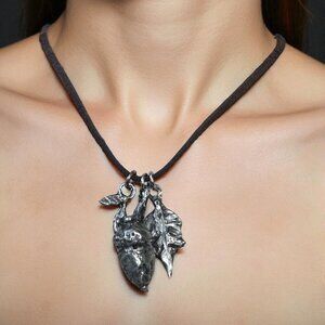 Artisan Original Handmade Silver Acorn & Leaves Pendant Necklace W/ Leather Cord